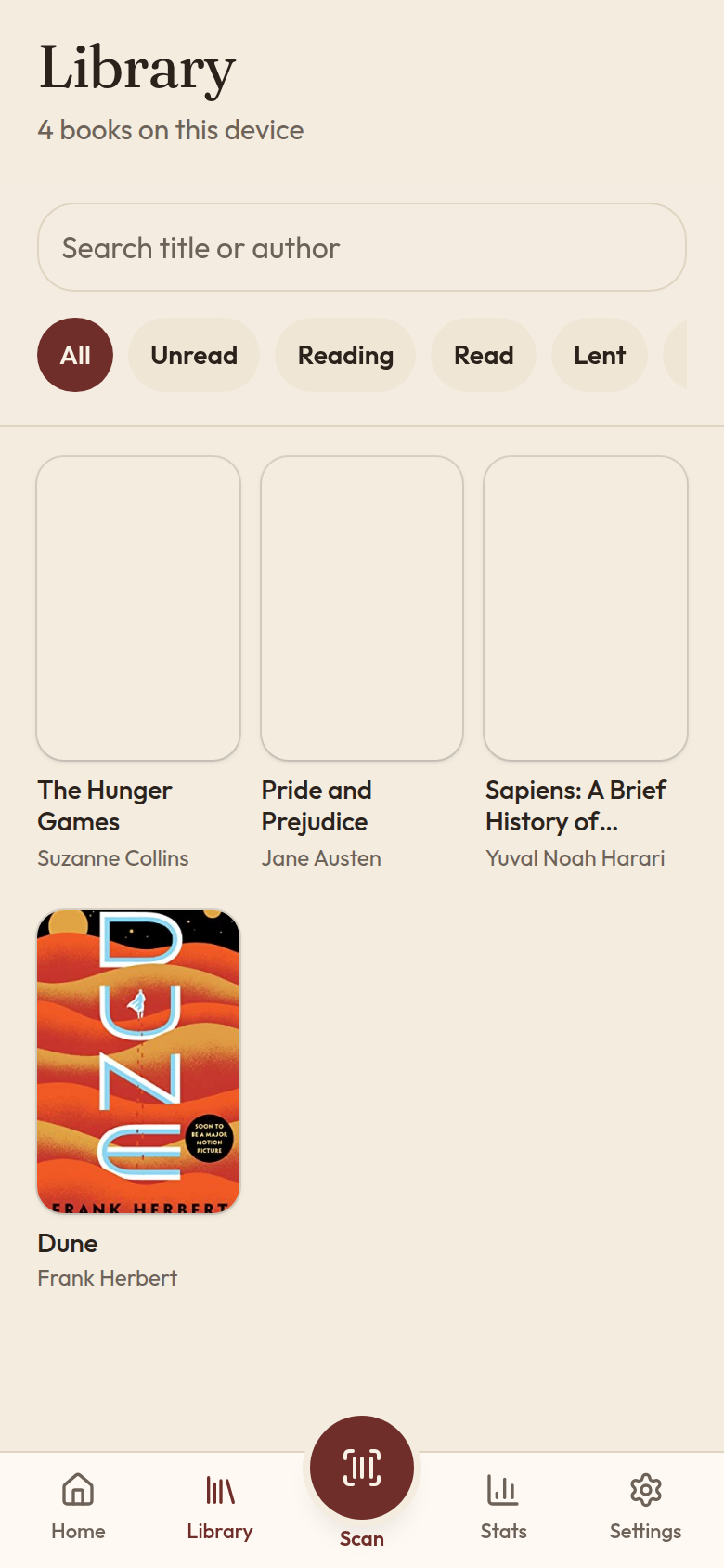 Book Ledger library screen showing saved books in a list you can search