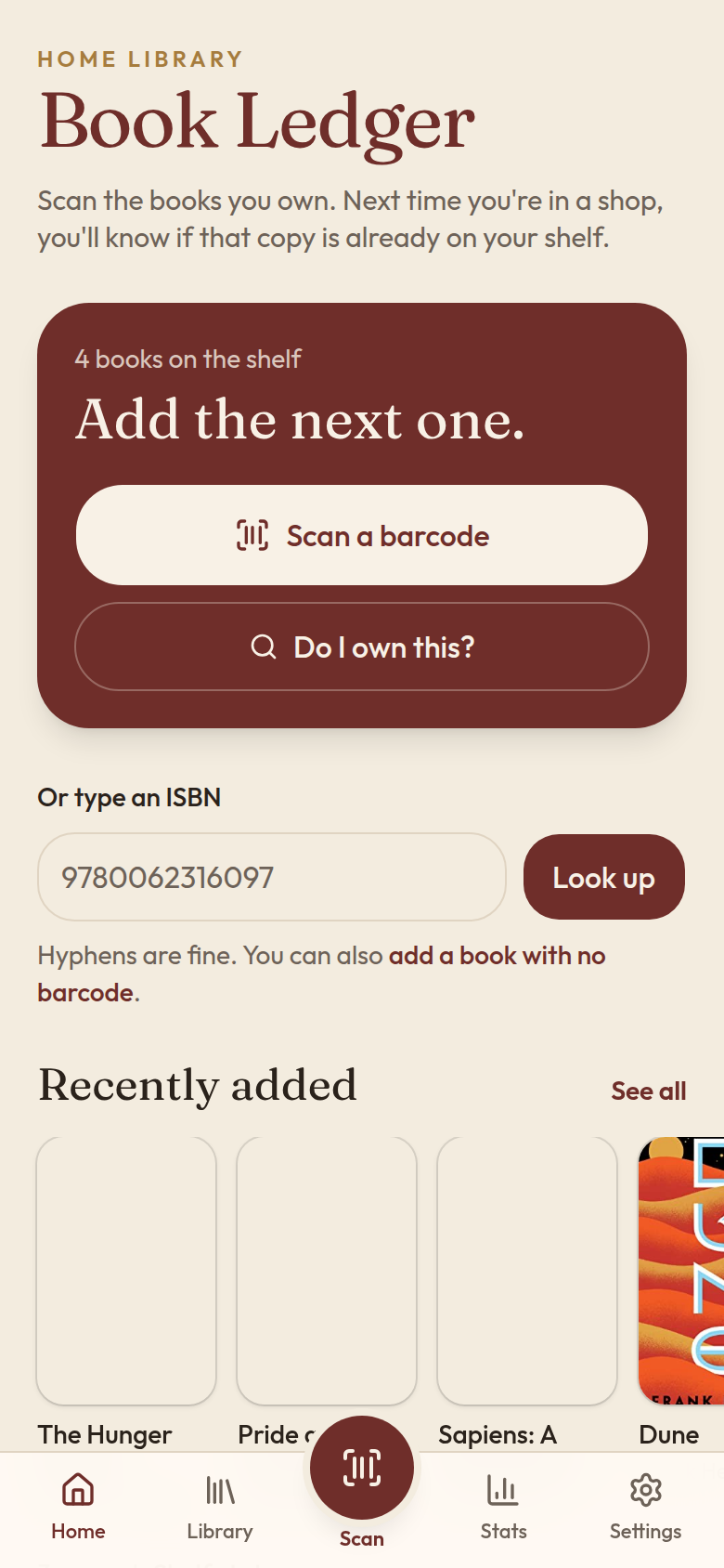 Book Ledger home screen, with a prompt to scan a barcode and a link to check whether you already own a book